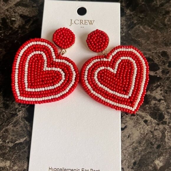 J Crew Women's Beaded Red Heart Elegant Earrings Hypoallergenic‎ Party Prom - Picture 4 of 4